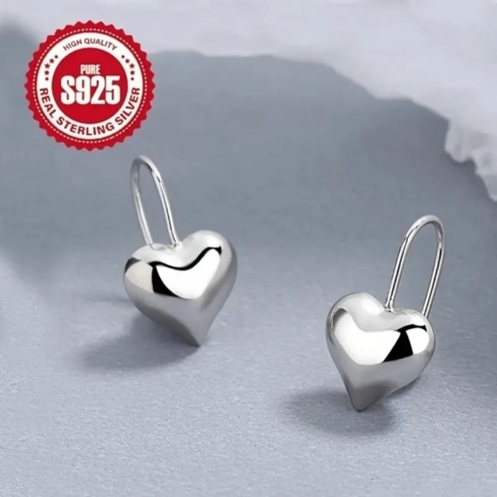 925 Sterling Silver Elegant Peach Shape‎ Heart Design Hook Dangle Earrings